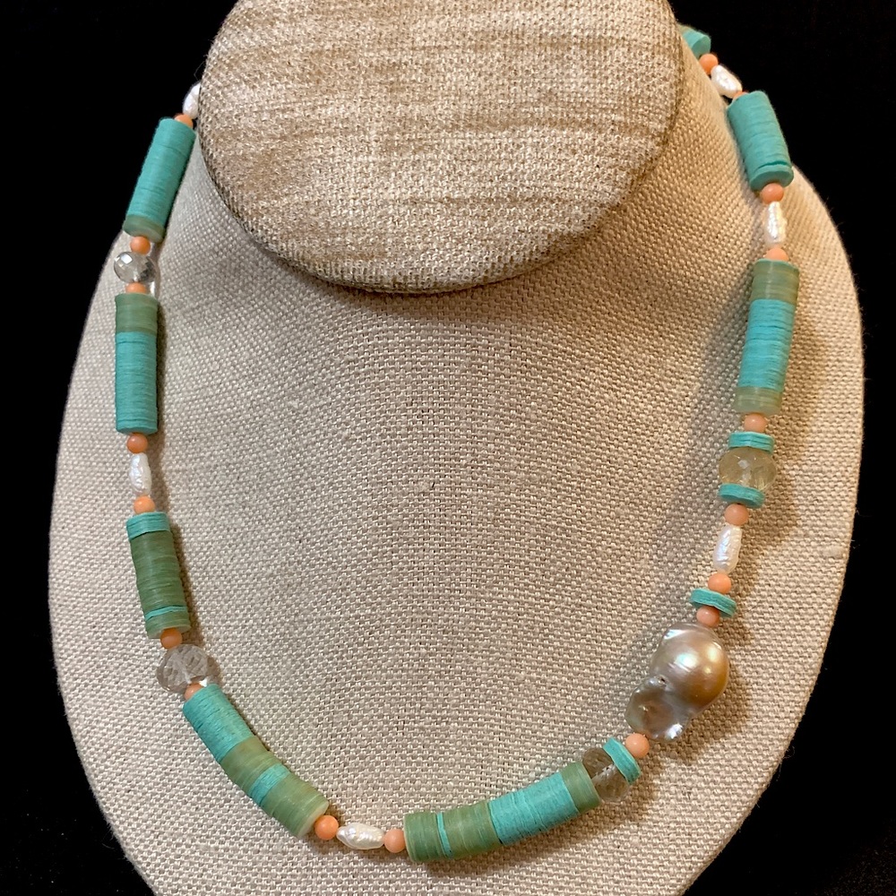 Silver, baroque pearl, coral, rutilated quartz & recycled sequin 18.5” necklace